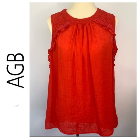 AGB Tops - AGB Lace Ruffle Trim Sleeveless Blouse Red XL